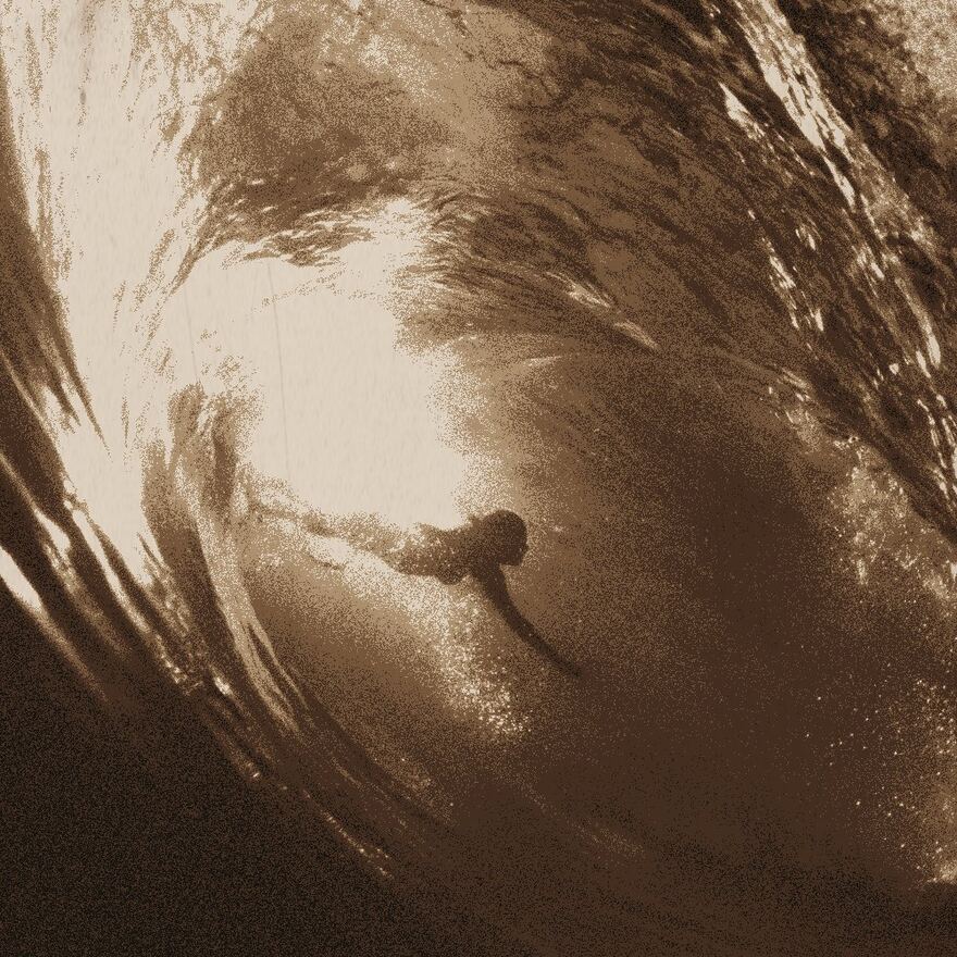 Always Remember to Swim cover art: a swimmer inside a curling wave, printed like a risograph in sepia inks