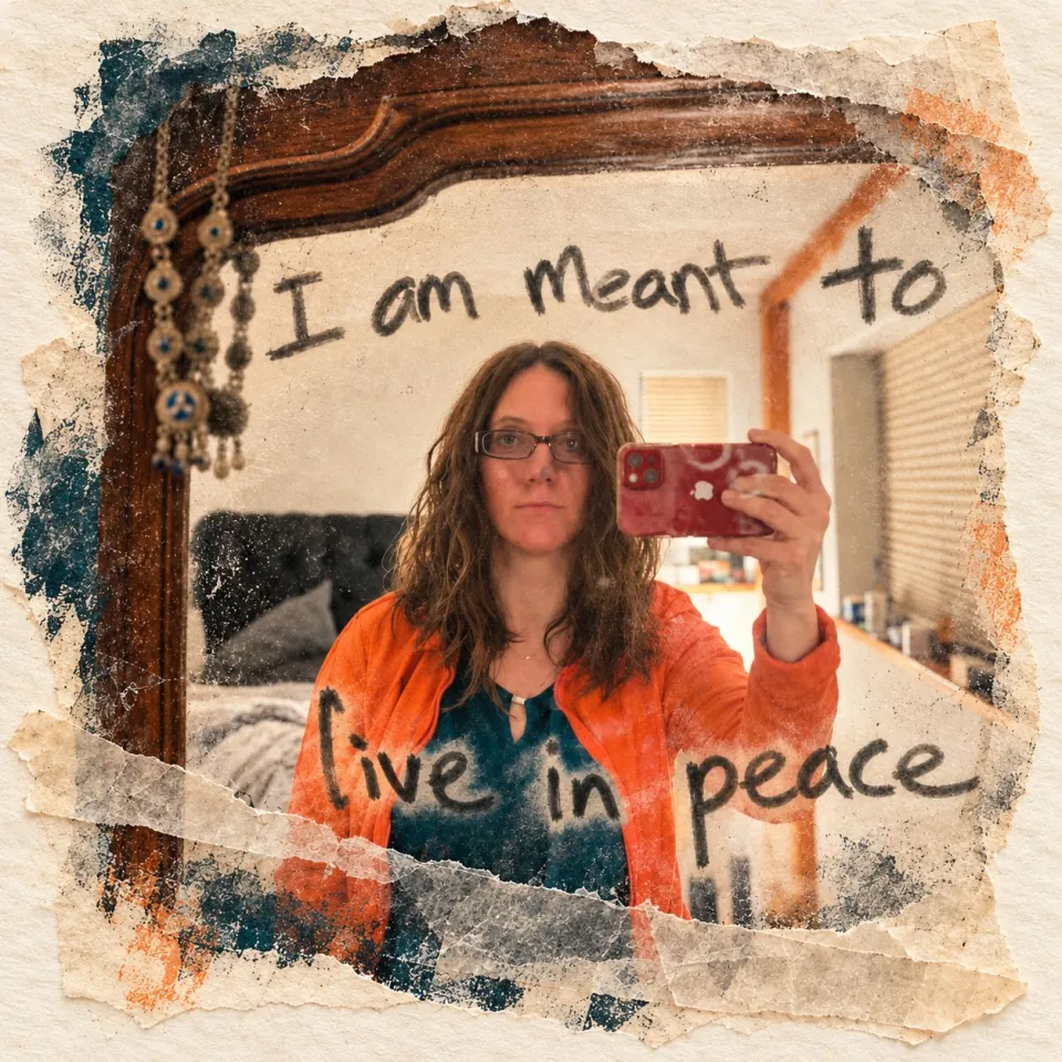 Kairos Fray taking a mirror selfie in an orange jacket, with “I am meant to live in peace” handwritten across the glass, framed in torn paper
