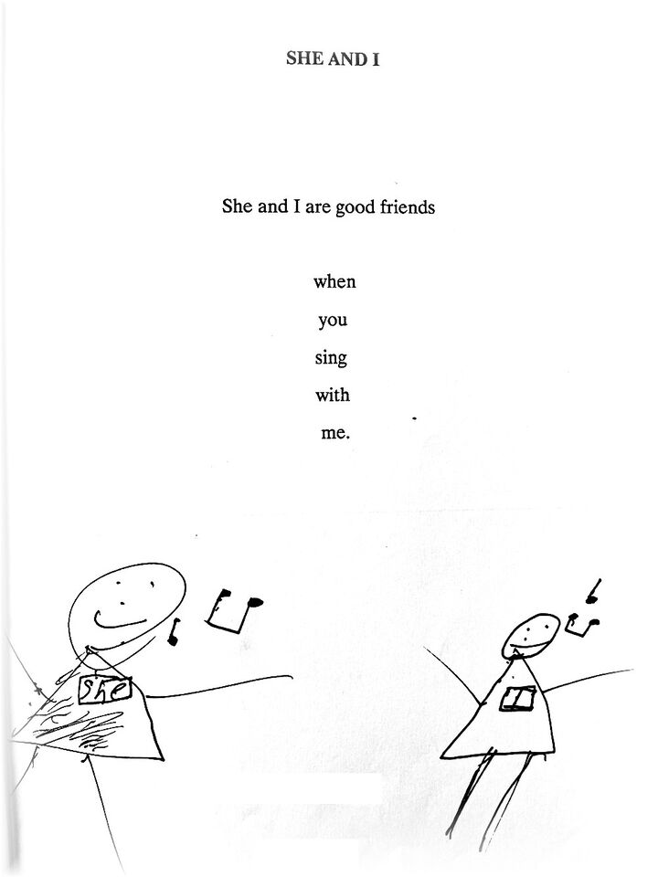 A poem typed in 1988, titled She and I: She and I are good friends when you sing with me, with pen drawings of two figures singing